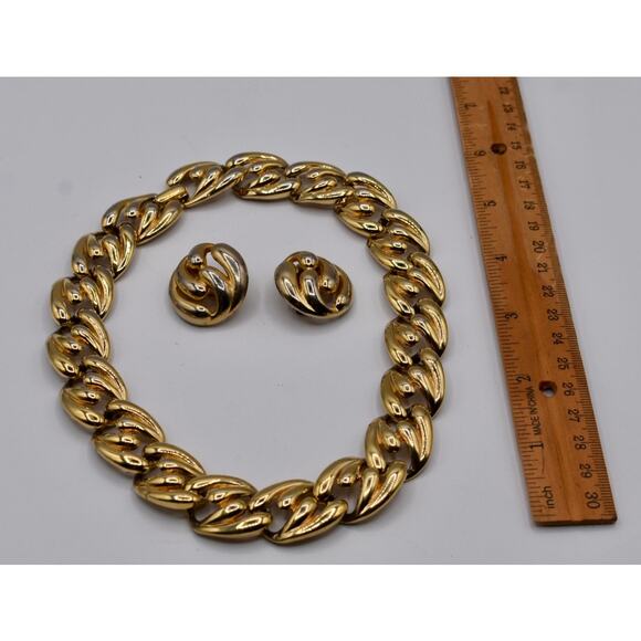 Chunky Gold Tone Set Necklace Earrings 1980s- 90s Vintage - Picture 7 of 7